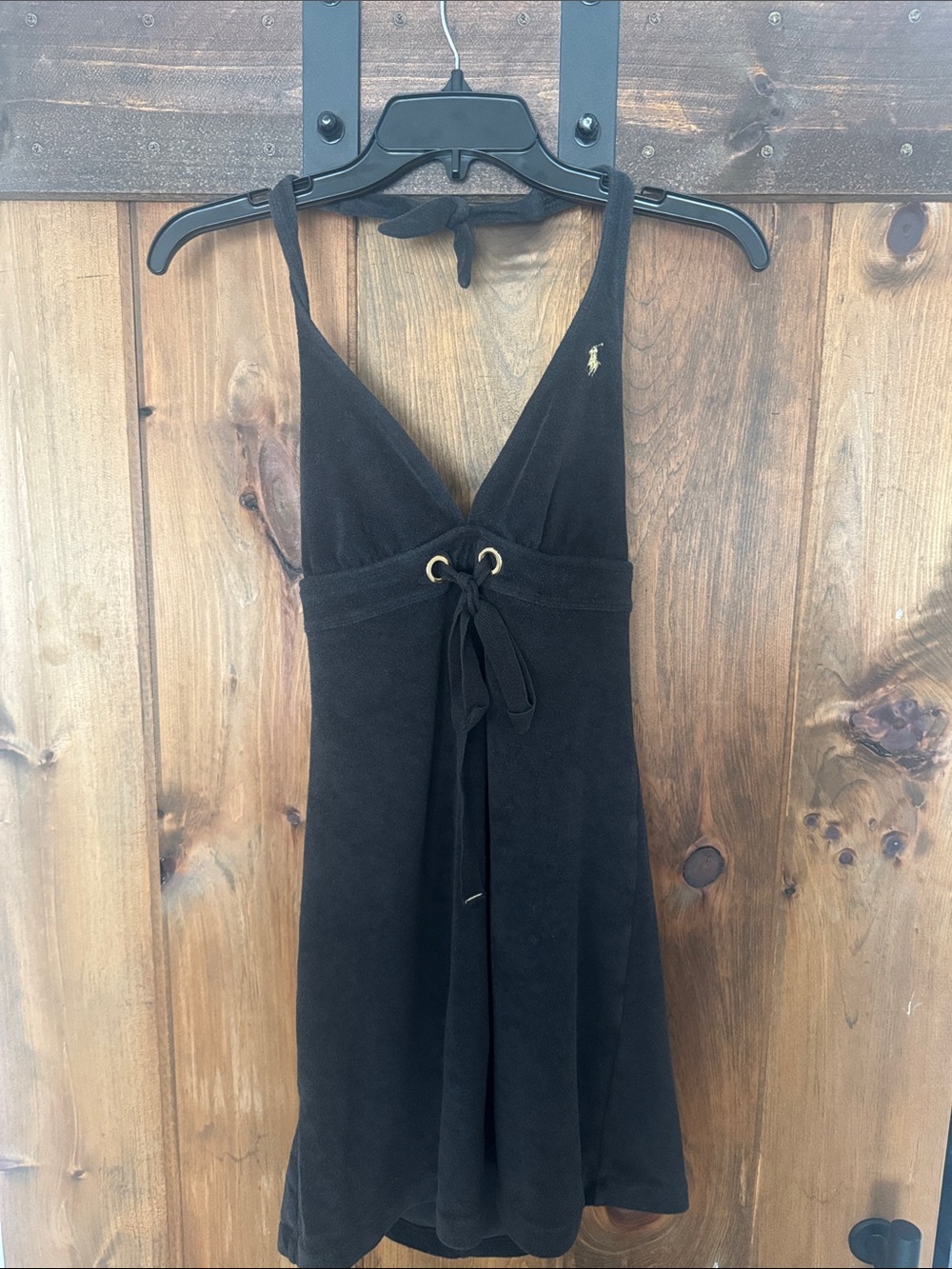 Ralph Lauren Black Halter Terry Mini Dress with Tie Front